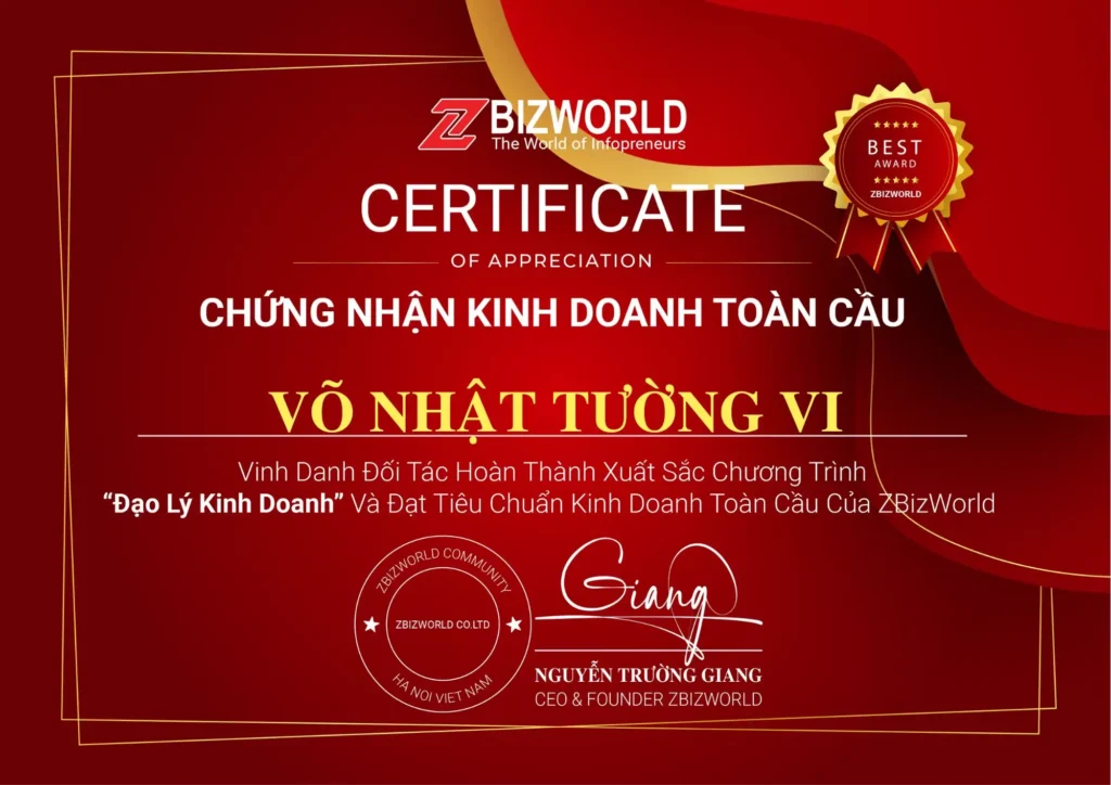 Chứng nhận hoàn thành Đạo Lý Kinh Doanh của Võ Nhật Tường Vi