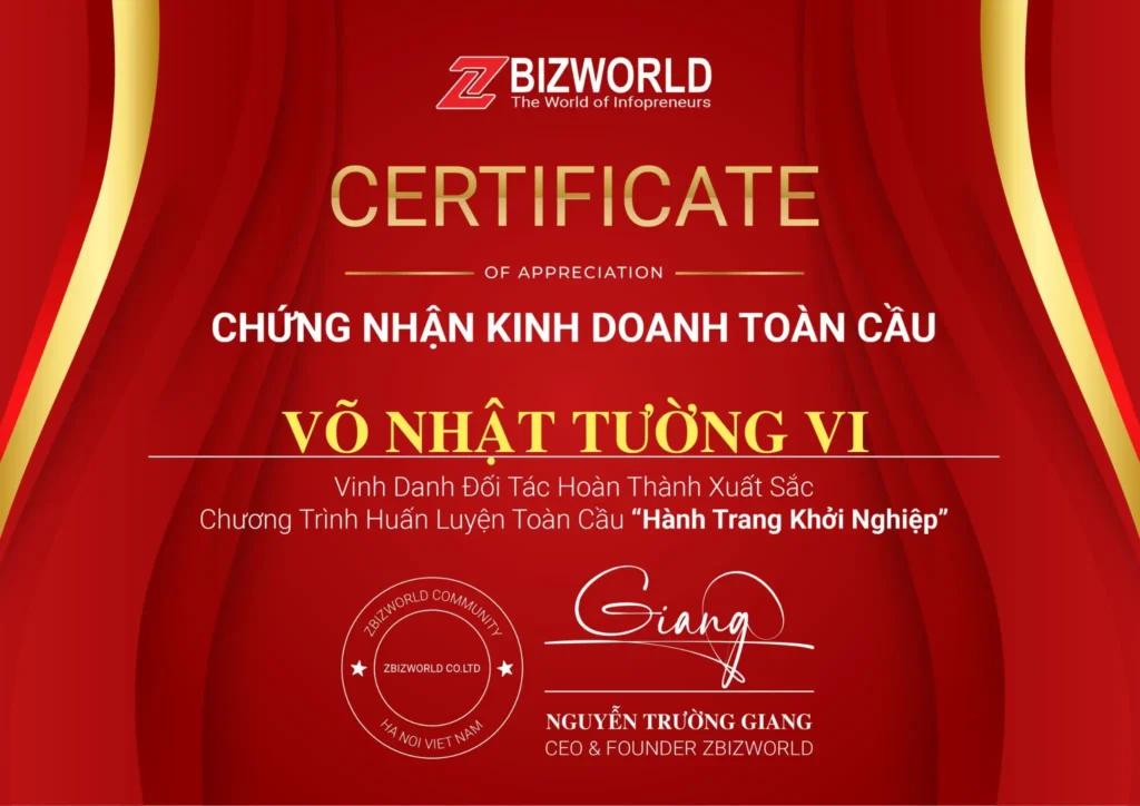 Chứng nhận hoàn thành Hành Trang Khởi Nghiệp của Võ Nhật Tường Vi